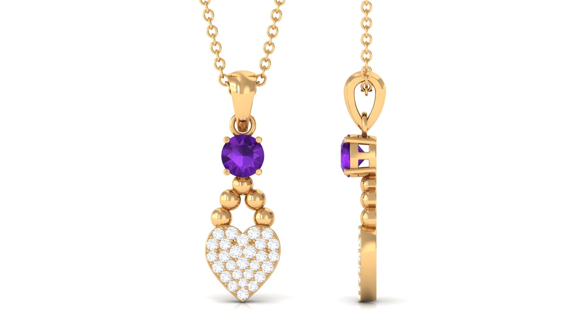 Natural Amethyst Diamond Heart Drop Pendant Necklace with Chain
