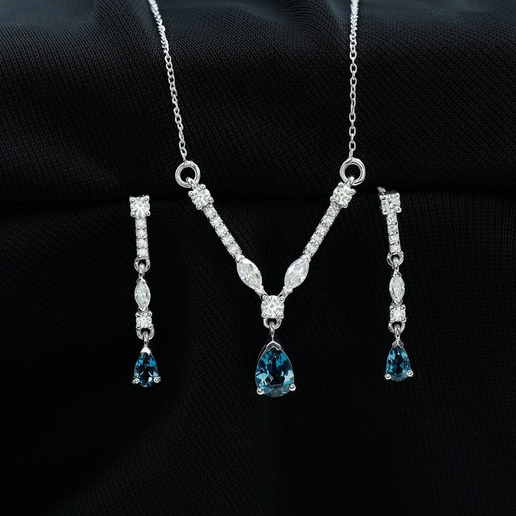 Pear Shape London Blue Topaz and Moissanite Wedding Necklace Earrings Set