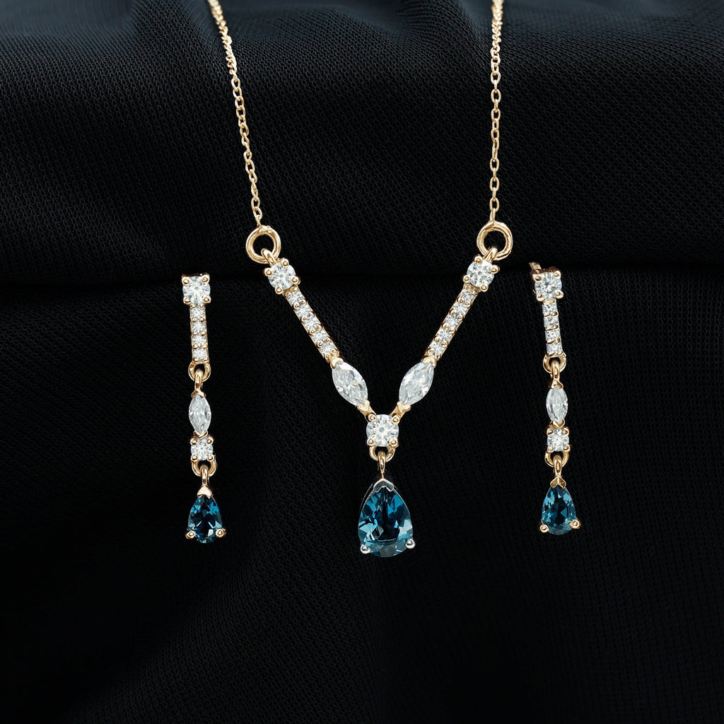 Pear Shape London Blue Topaz and Moissanite Wedding Necklace Earrings Set