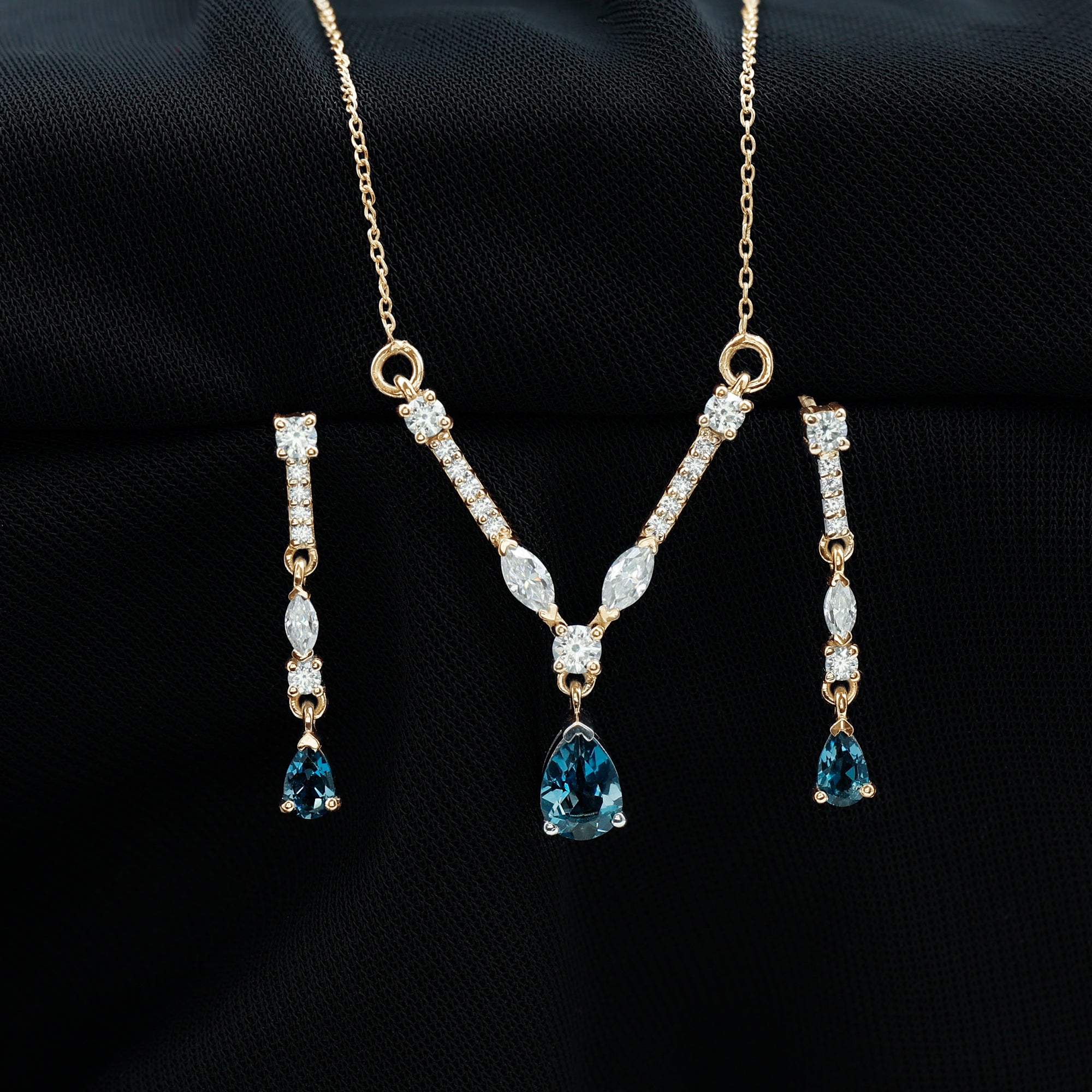 Pear Shape London Blue Topaz and Moissanite Wedding Necklace Earrings Set