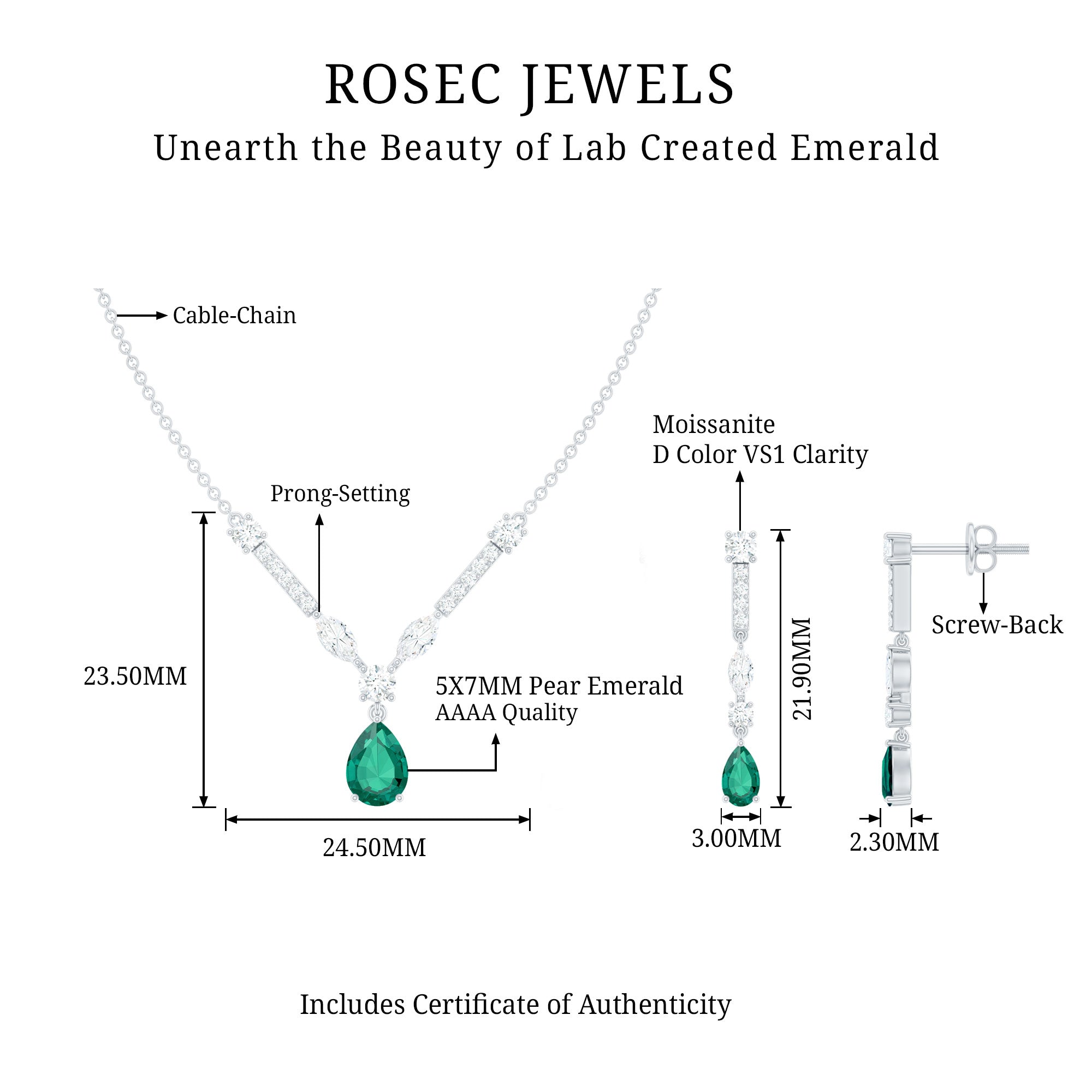 Created Emerald and Moissanite Drop Necklace Earrings Set