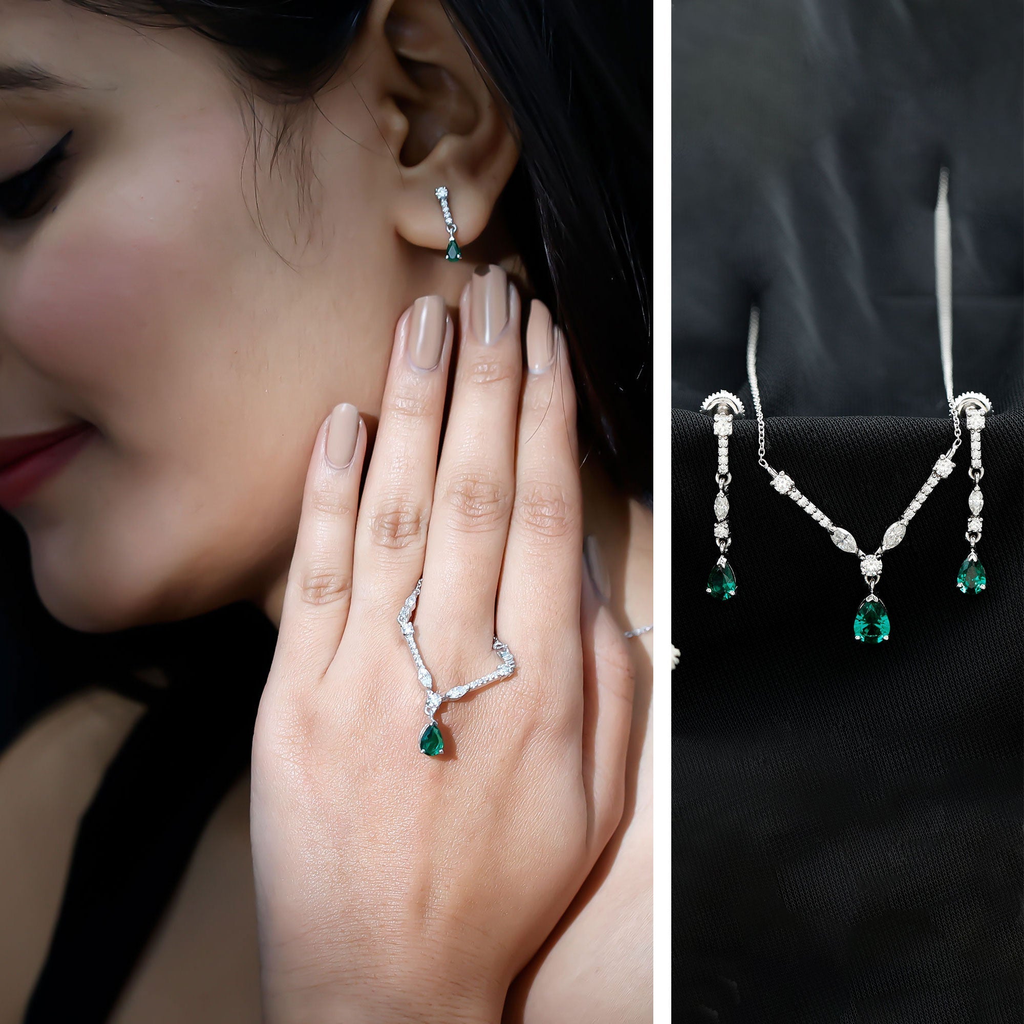 Created Emerald and Moissanite Drop Necklace Earrings Set