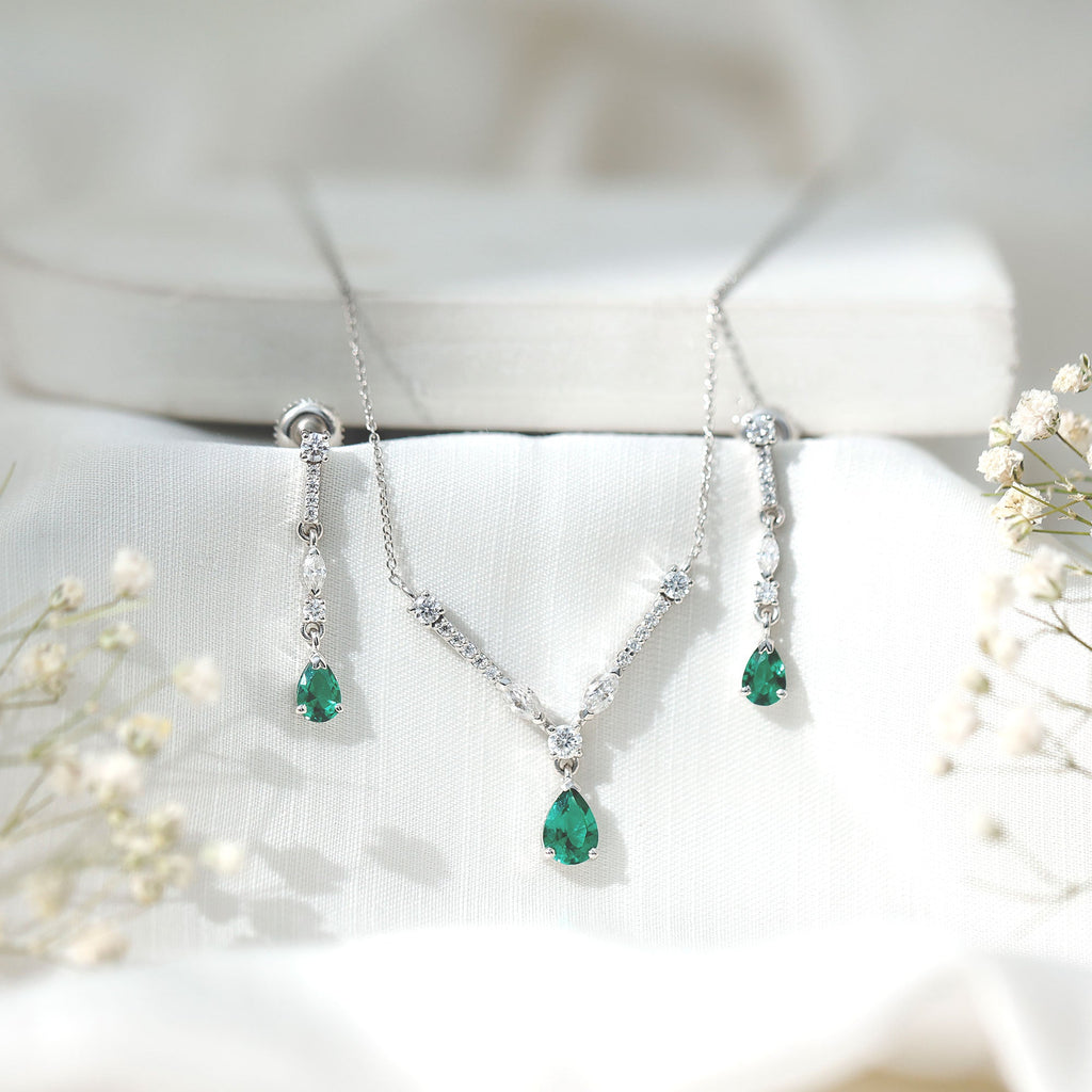 Created Emerald and Moissanite Drop Necklace Earrings Set