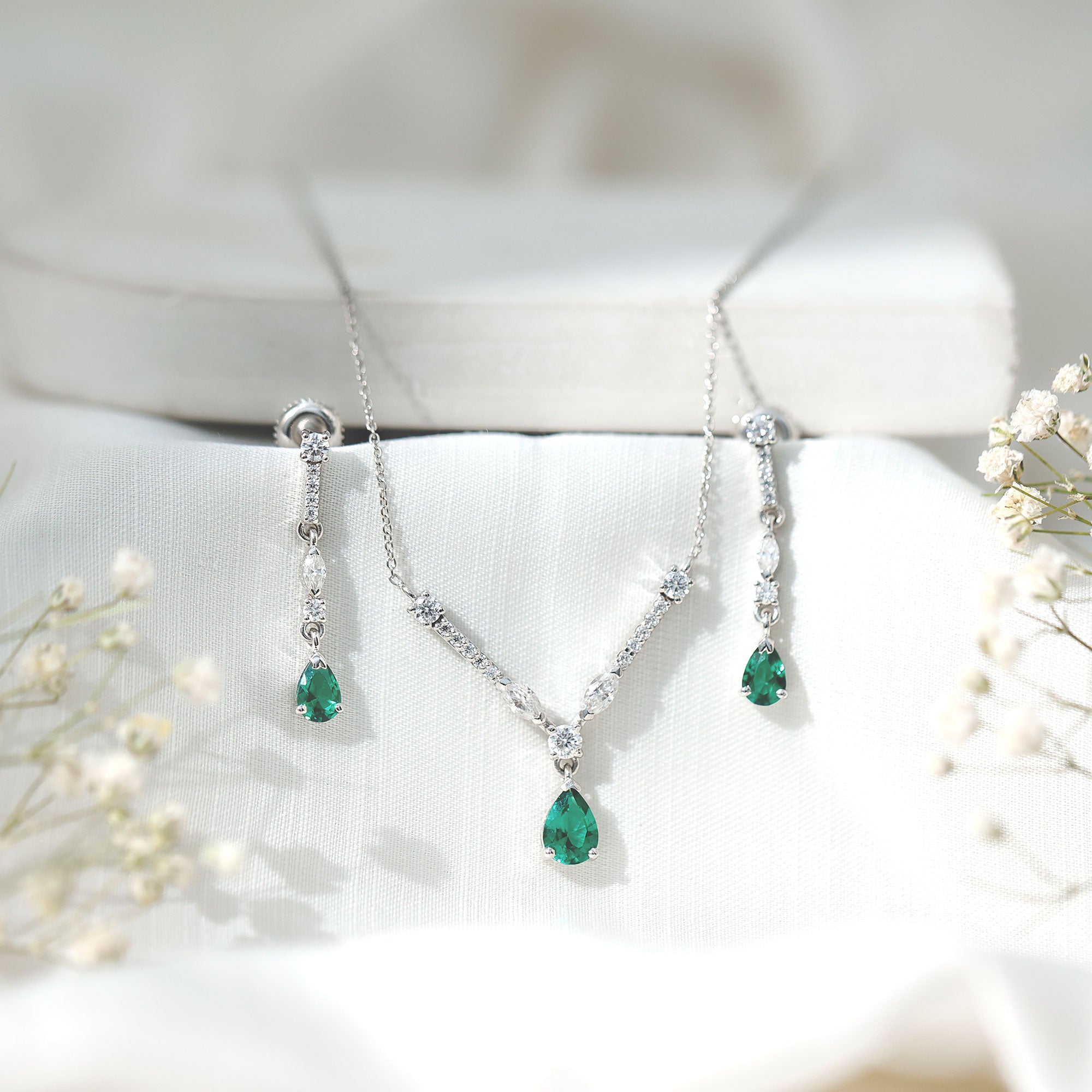 Created Emerald and Moissanite Drop Necklace Earrings Set