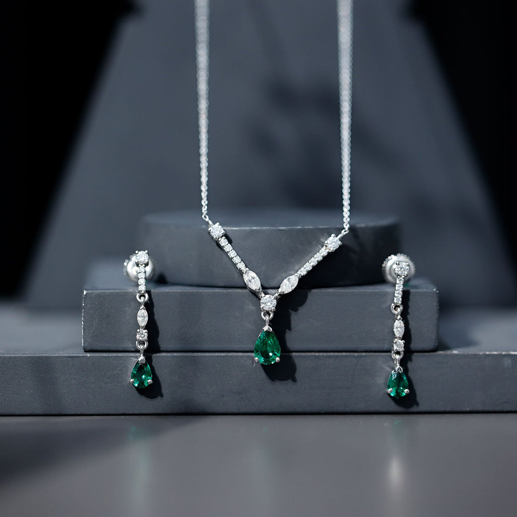 Created Emerald and Moissanite Drop Necklace Earrings Set