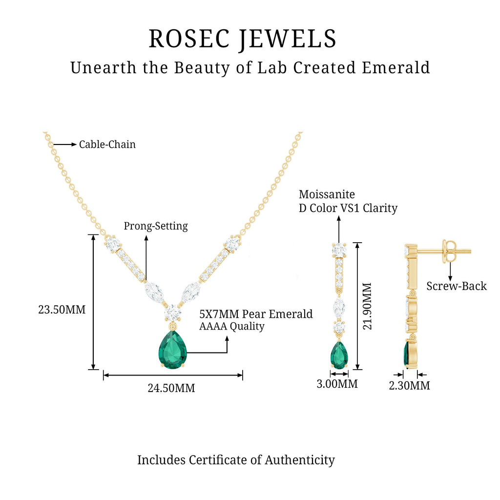 Created Emerald and Moissanite Drop Necklace Earrings Set