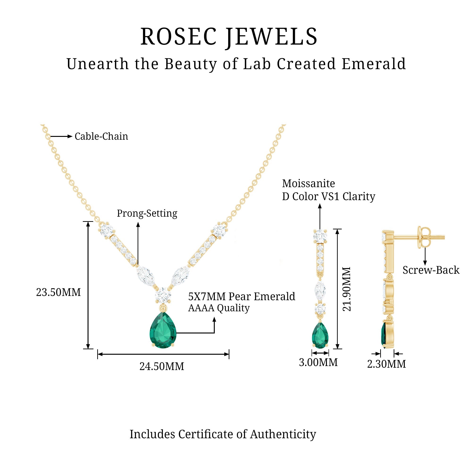 Created Emerald and Moissanite Drop Necklace Earrings Set