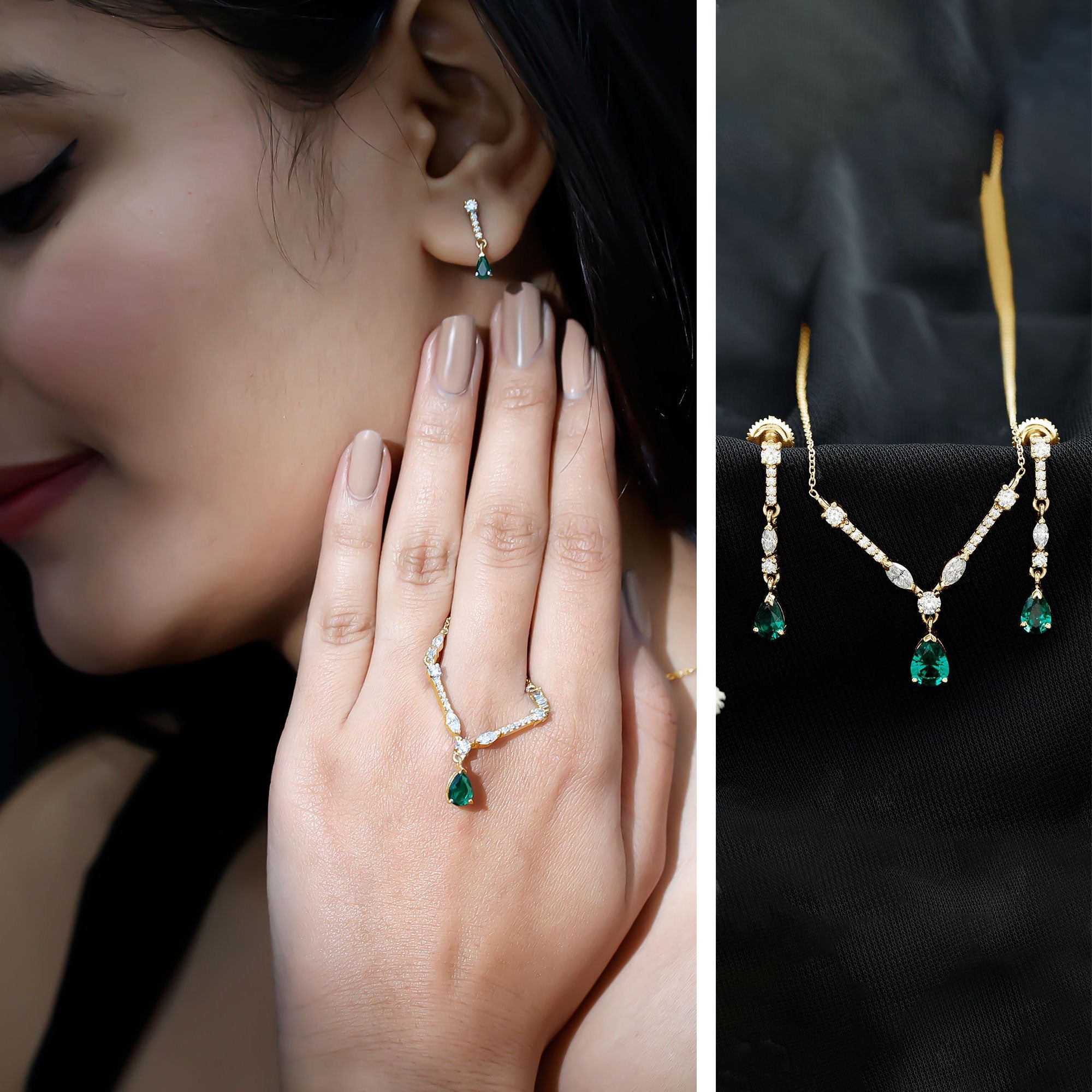 Created Emerald and Moissanite Drop Necklace Earrings Set