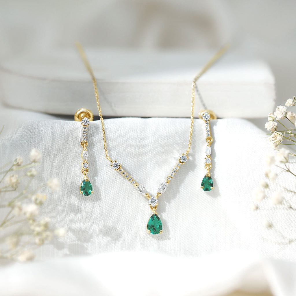 Created Emerald and Moissanite Drop Necklace Earrings Set