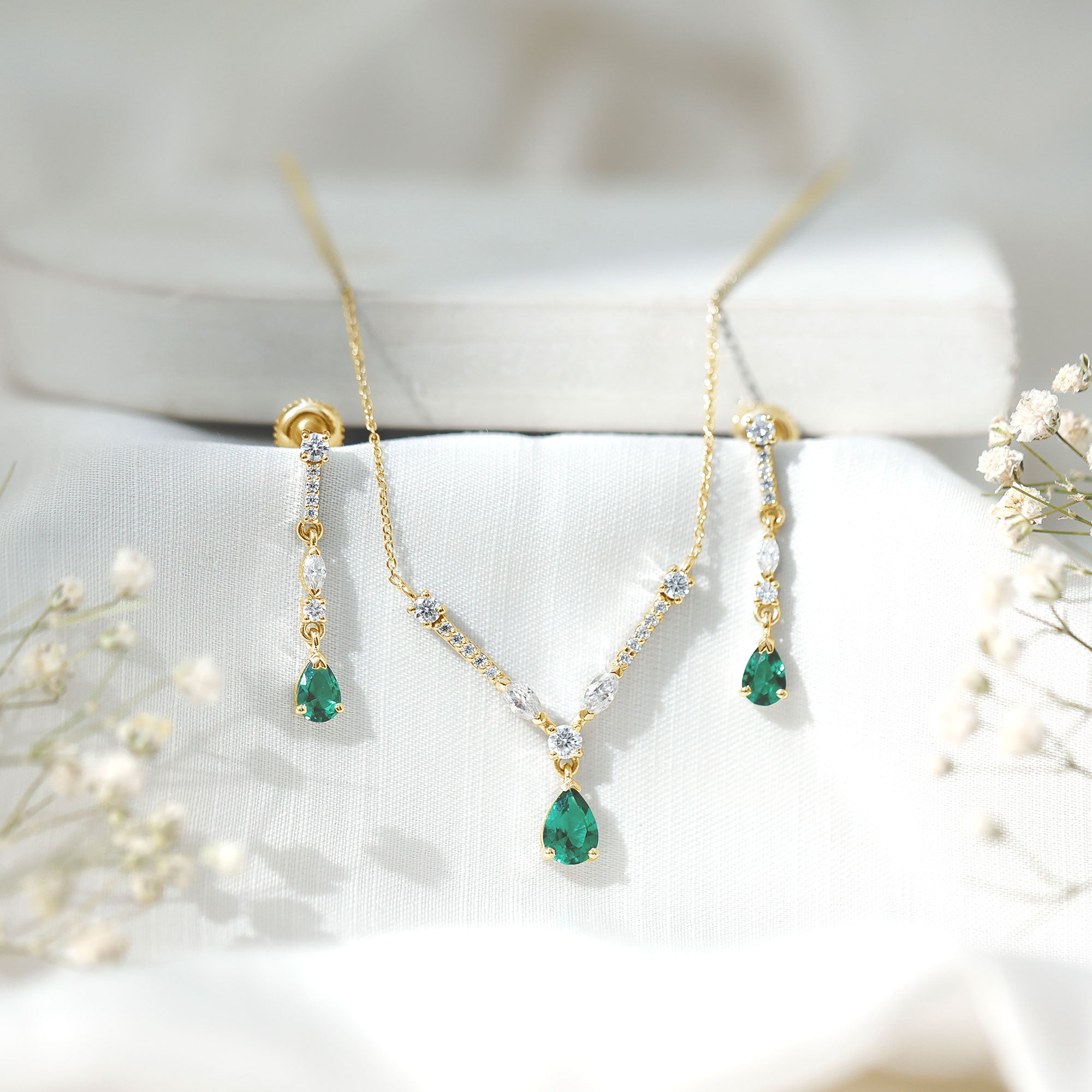 Created Emerald and Moissanite Drop Necklace Earrings Set