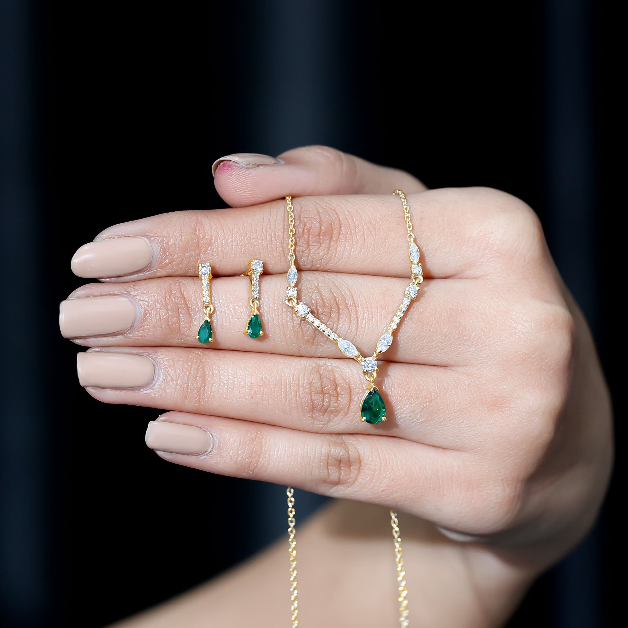 Created Emerald and Moissanite Drop Necklace Earrings Set