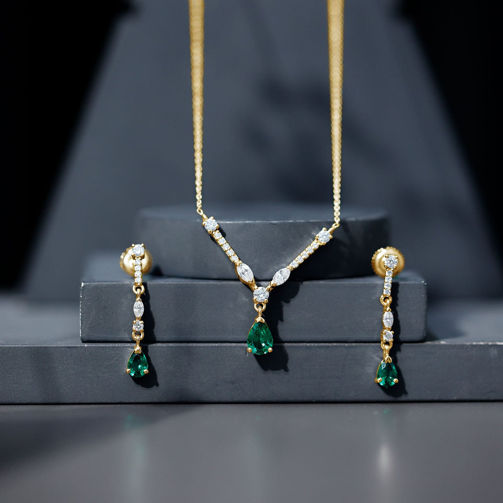 Created Emerald and Moissanite Drop Necklace Earrings Set