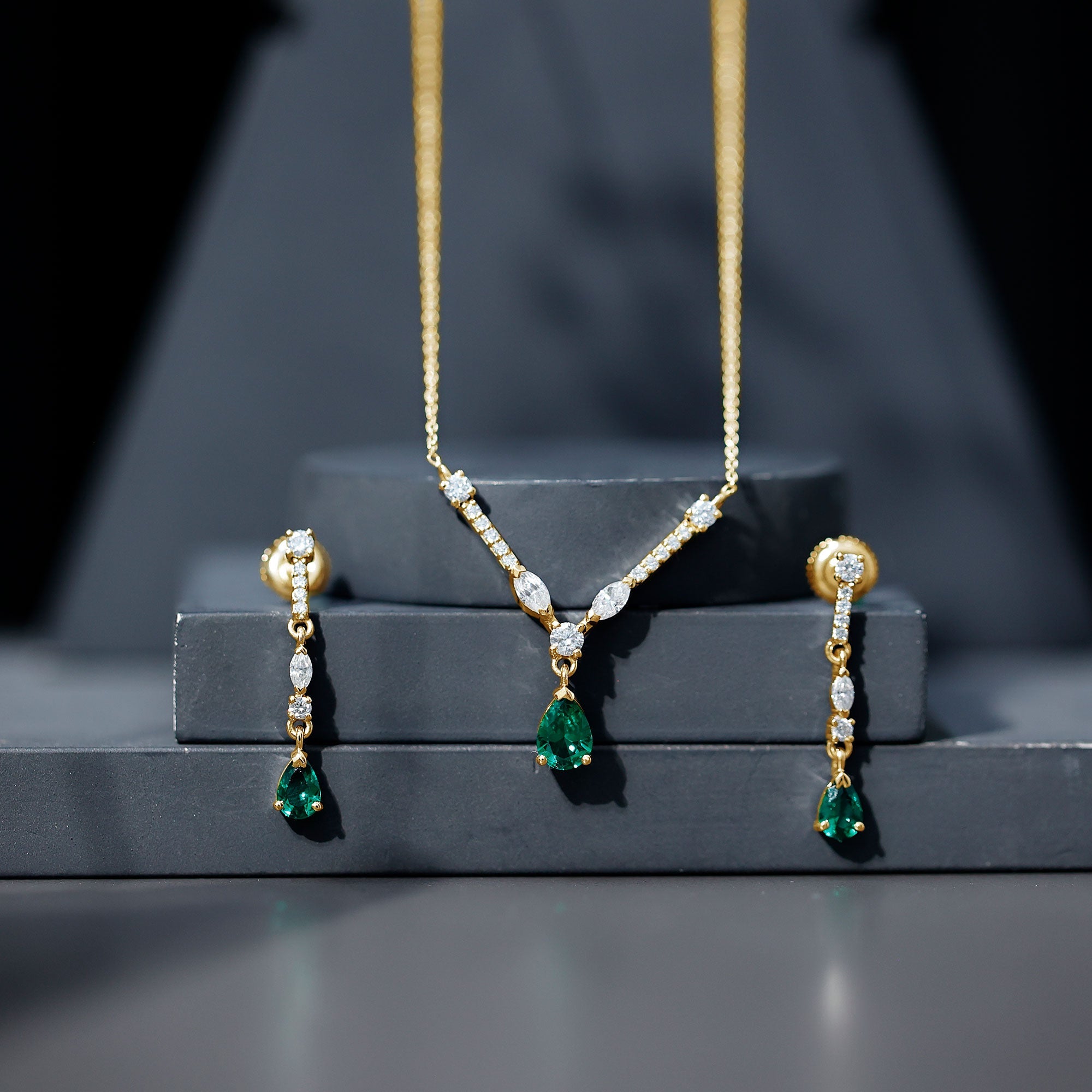 Created Emerald and Moissanite Drop Necklace Earrings Set