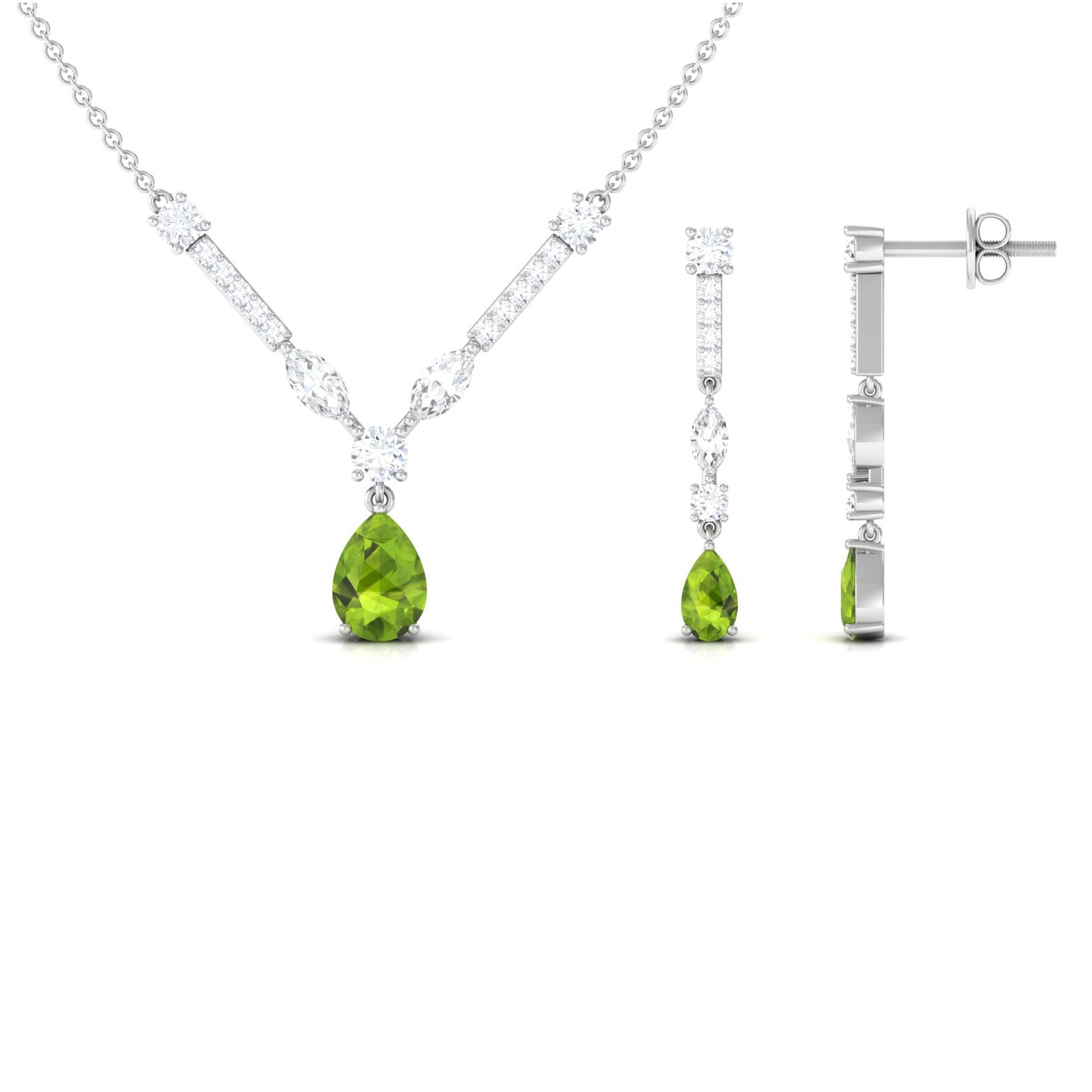 Peridot and Moissanite Drop Necklace Earrings Set