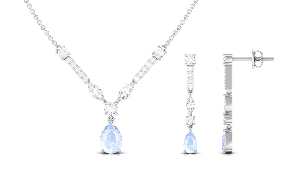 Pear Shape Moonstone and Moissanite Drop Necklace and Earrings
