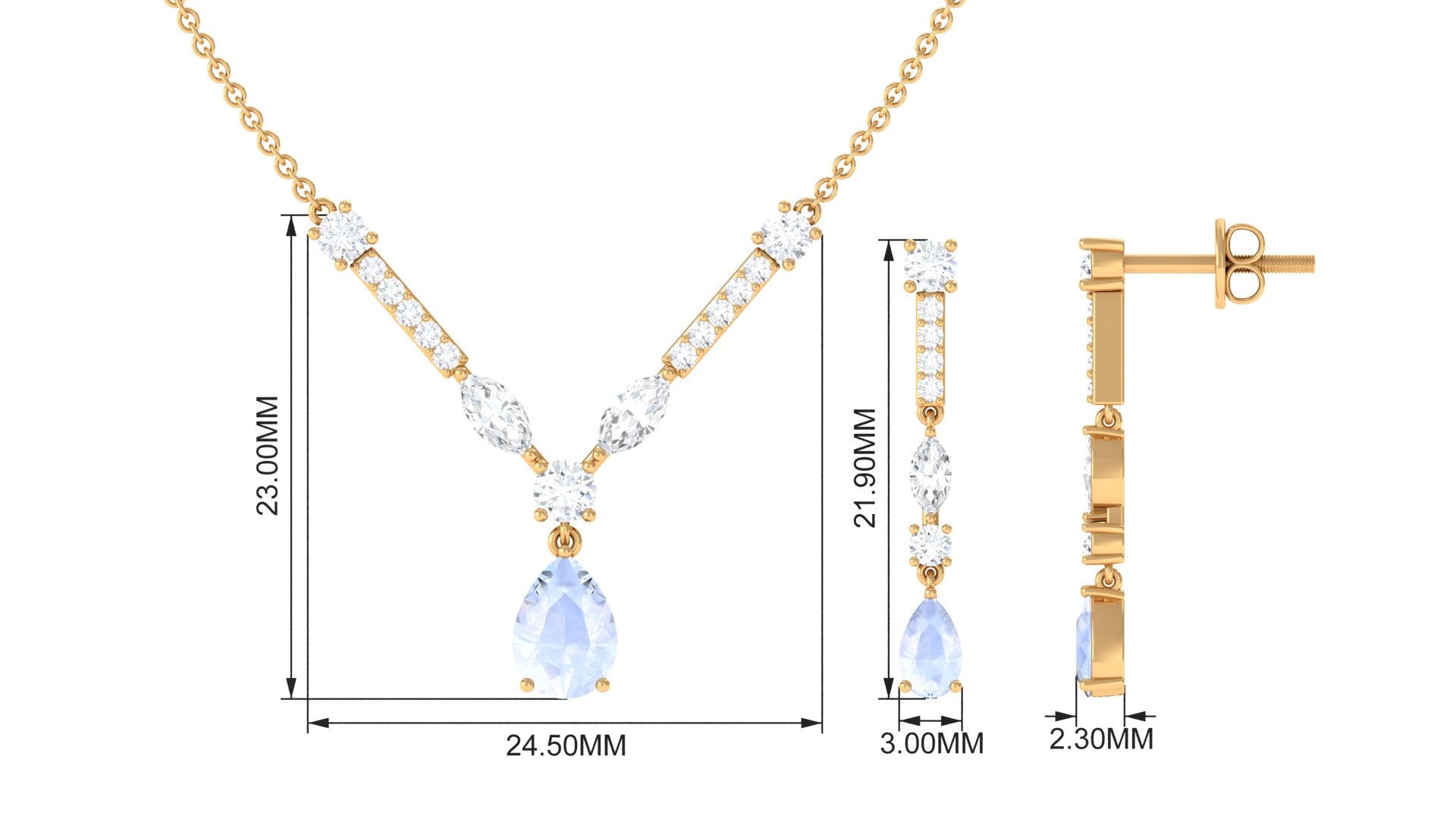 Pear Shape Moonstone and Moissanite Drop Necklace and Earrings