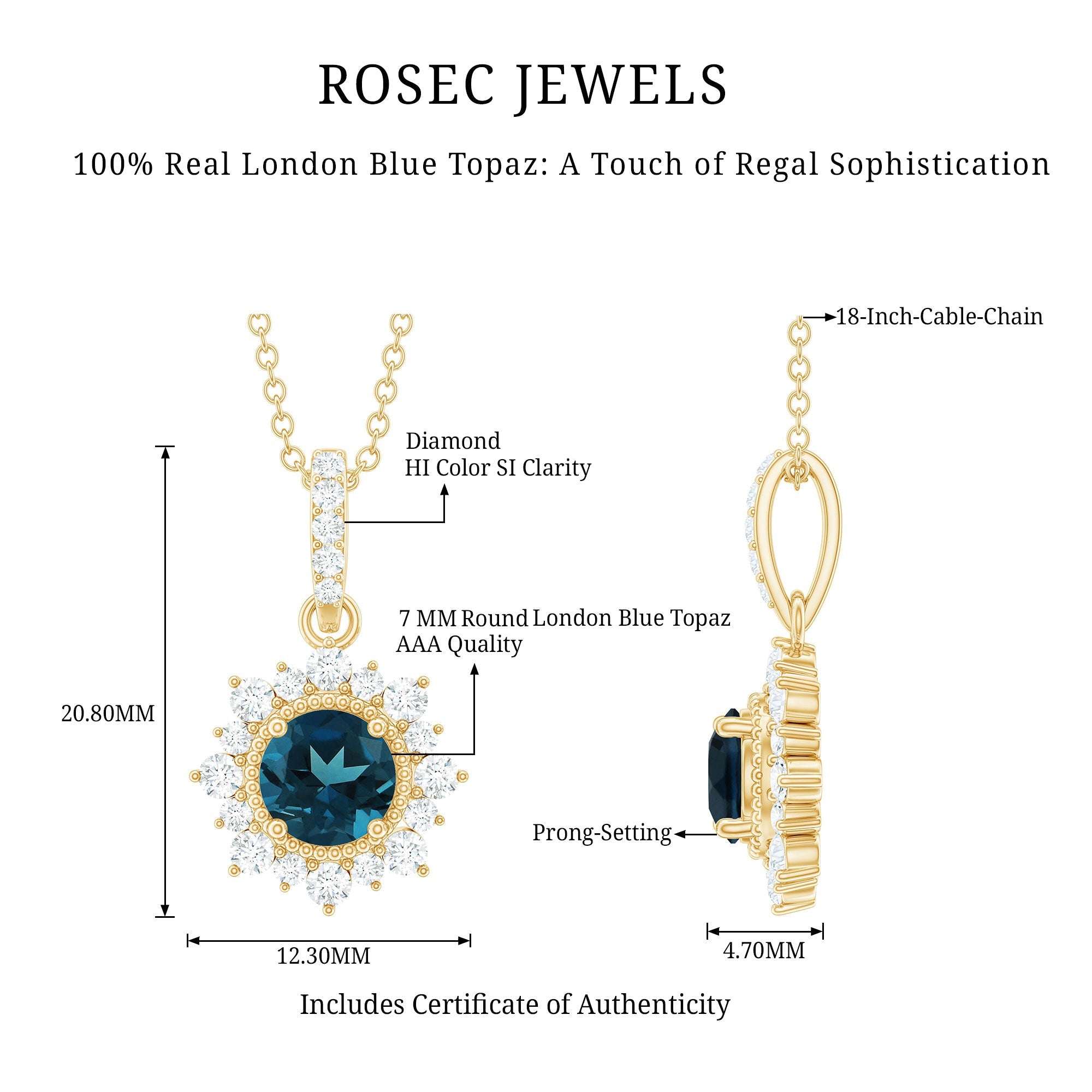 Round London Blue Topaz Halo Pendant with Diamond and Beaded Details