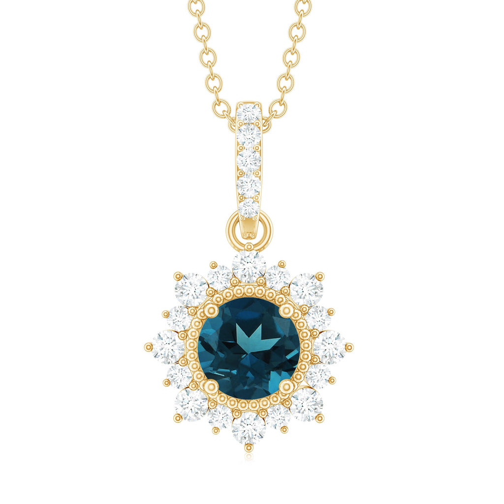 Round London Blue Topaz Halo Pendant with Diamond and Beaded Details