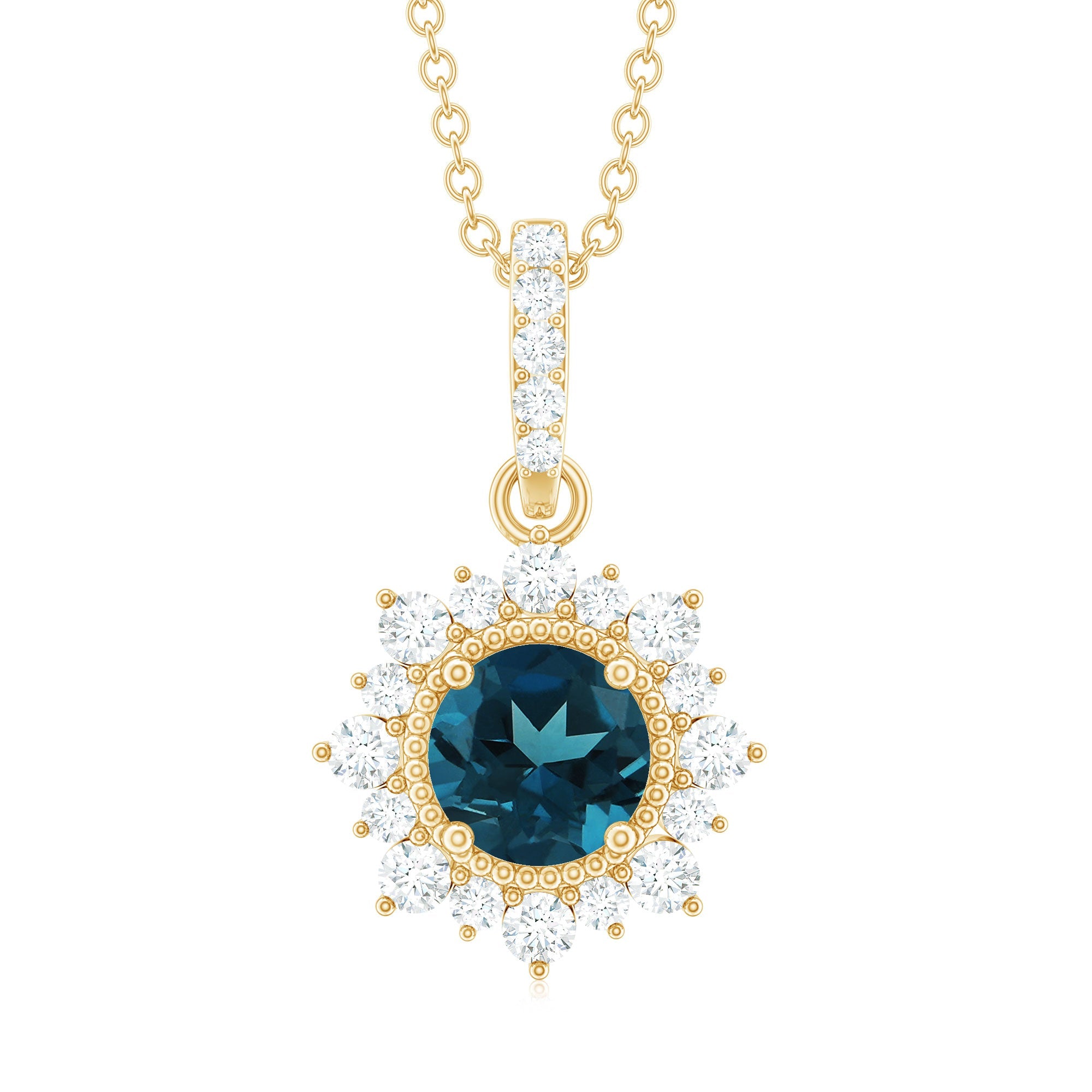Round London Blue Topaz Halo Pendant with Diamond and Beaded Details