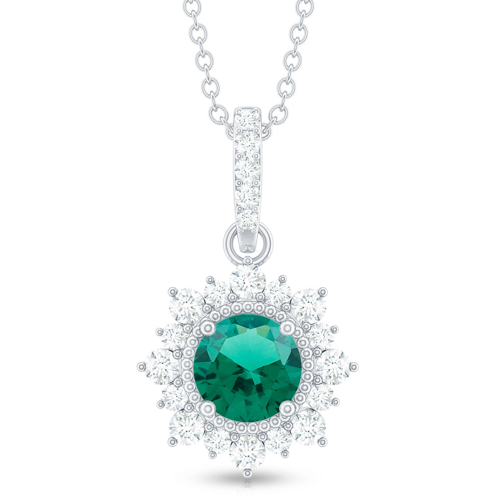 Round Created Emerald Halo Pendant with Diamond Accent Bail