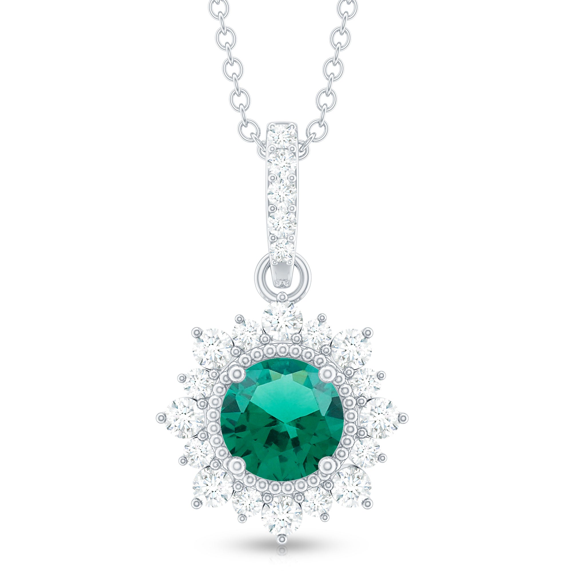 Round Created Emerald Halo Pendant with Diamond Accent Bail