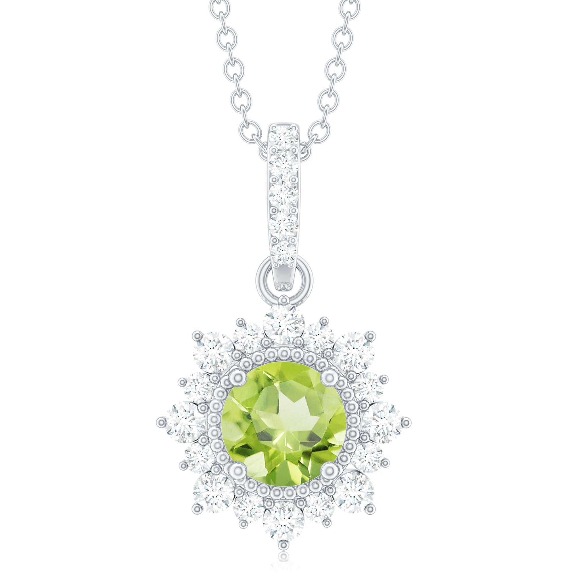 Round Peridot Halo Pendant with Diamond Accent Bail