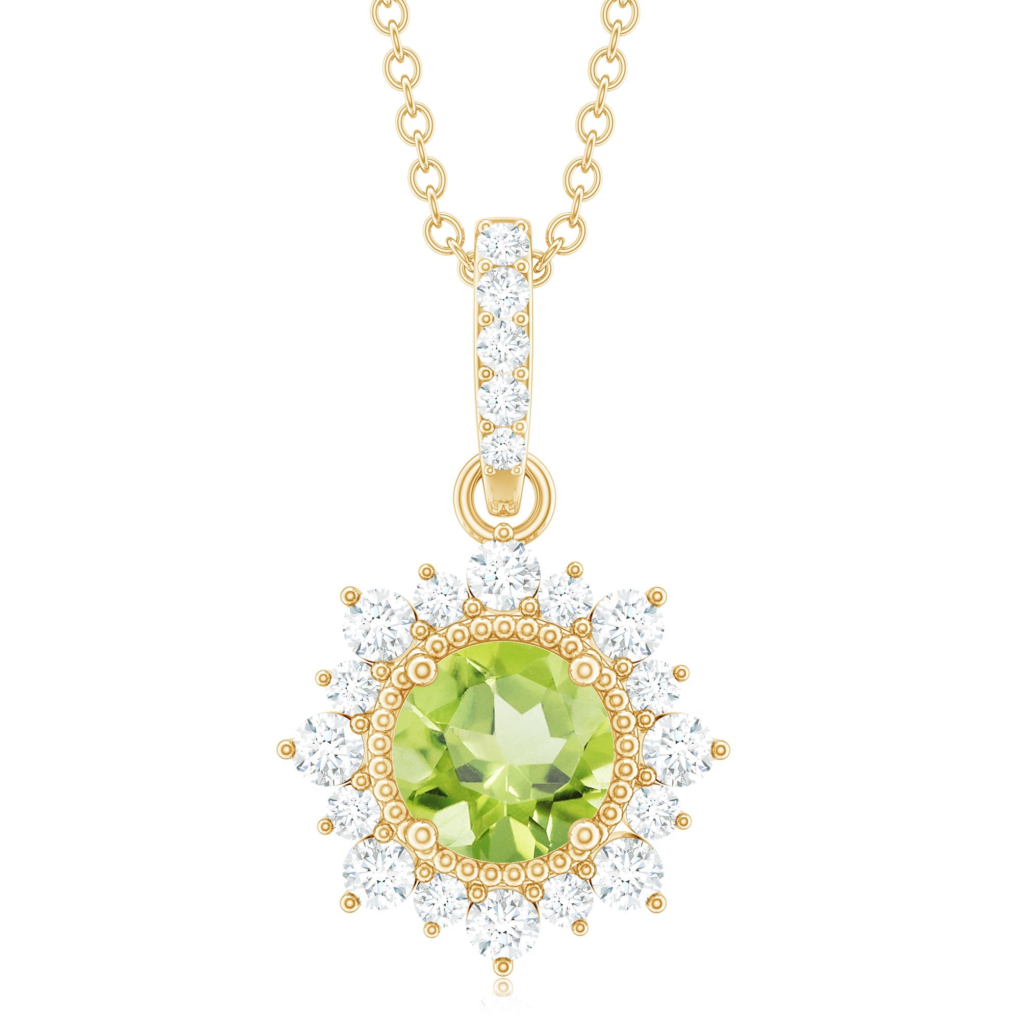 Round Peridot Halo Pendant with Diamond Accent Bail