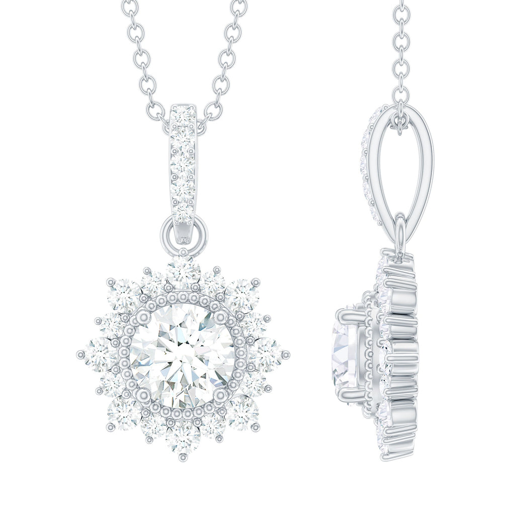 Round Moissanite Halo Necklace with Beaded Detailing