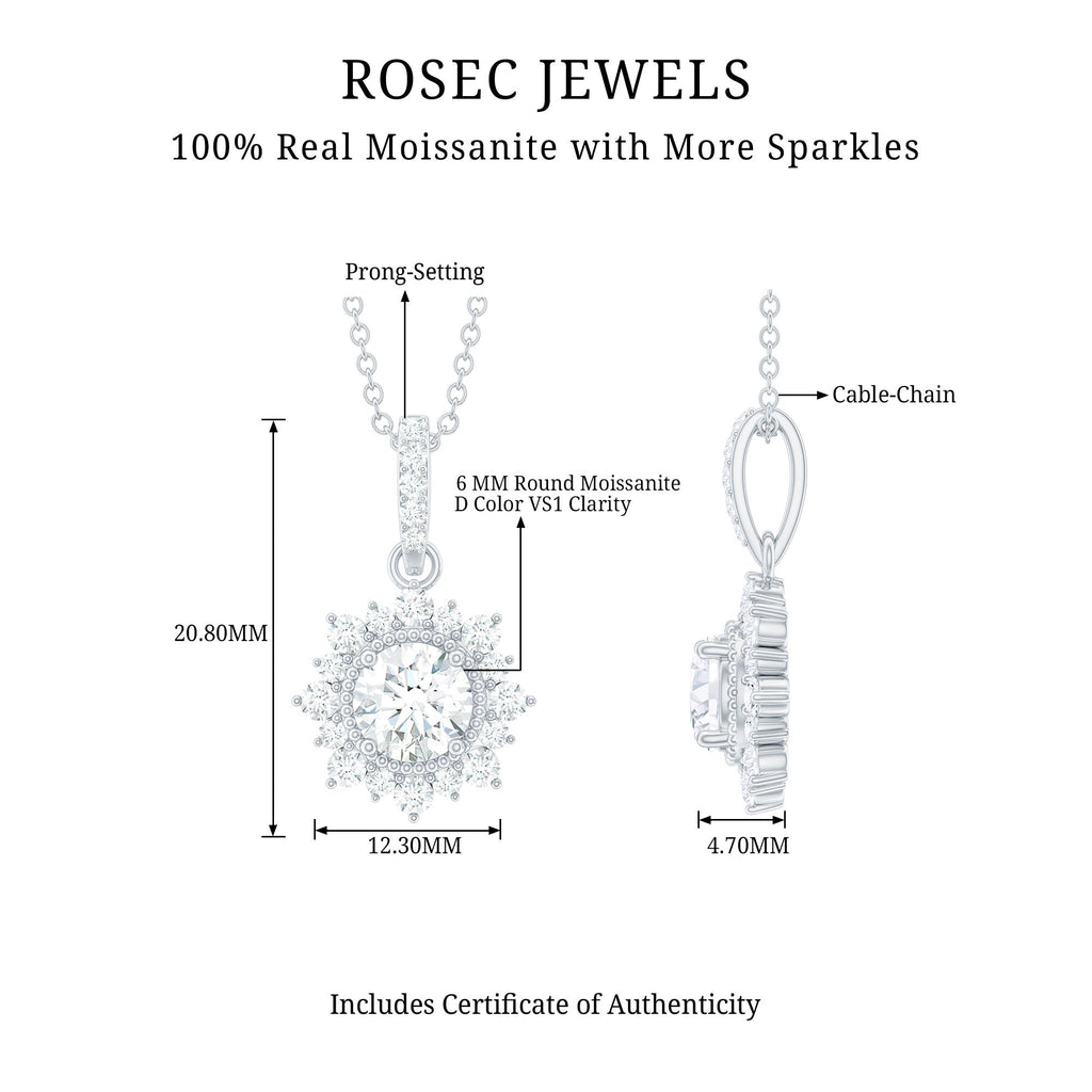 Round Moissanite Halo Necklace with Beaded Detailing
