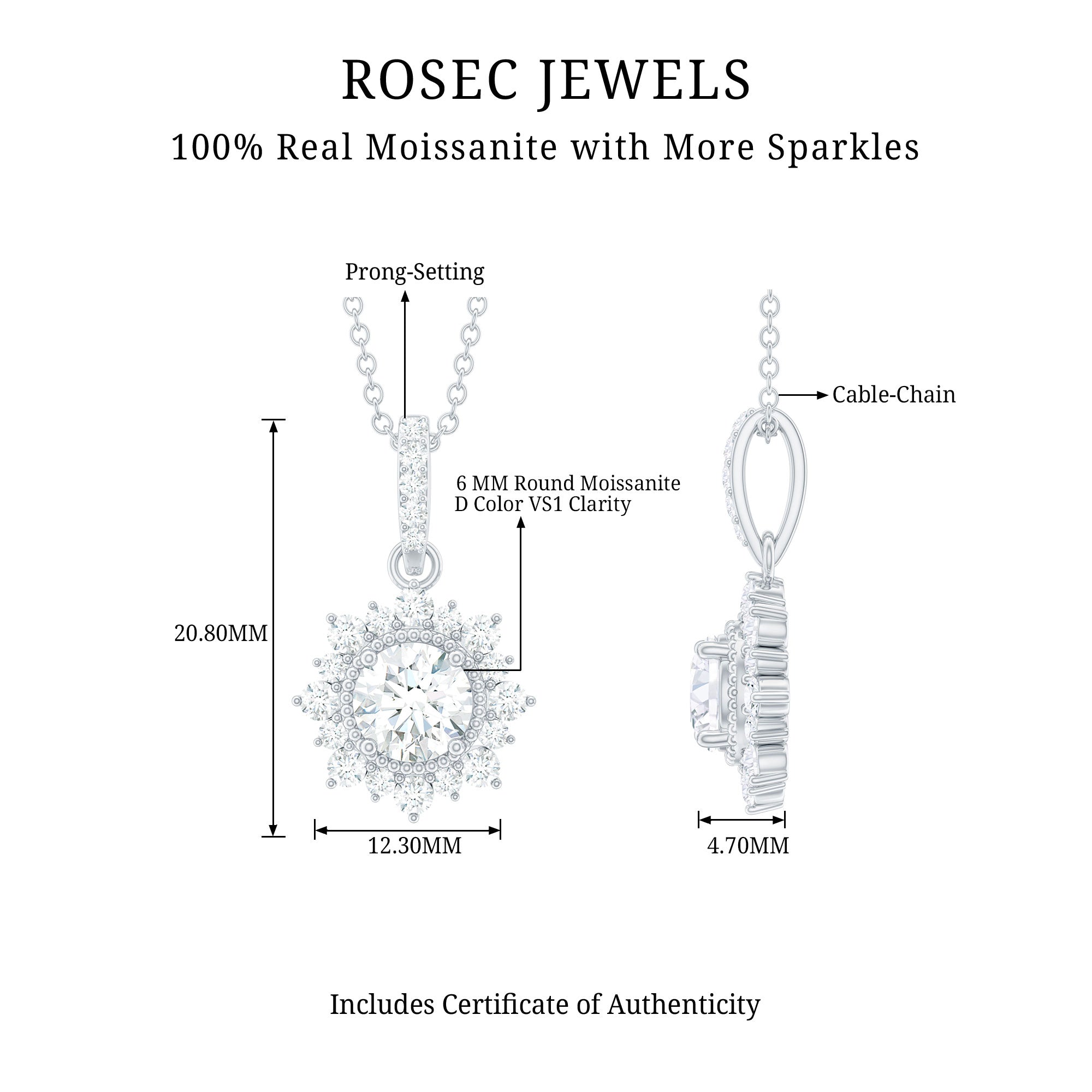 Round Moissanite Halo Necklace with Beaded Detailing
