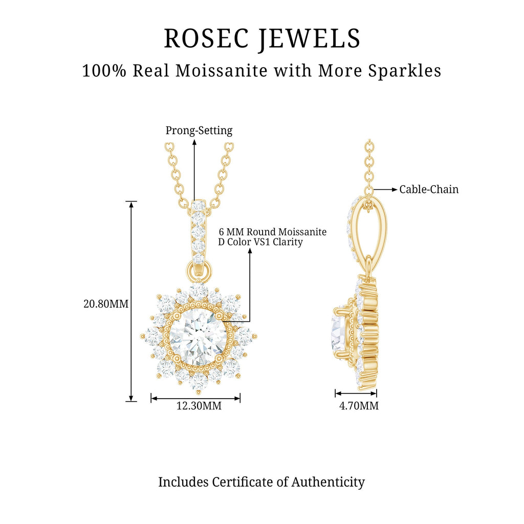 Round Moissanite Halo Necklace with Beaded Detailing