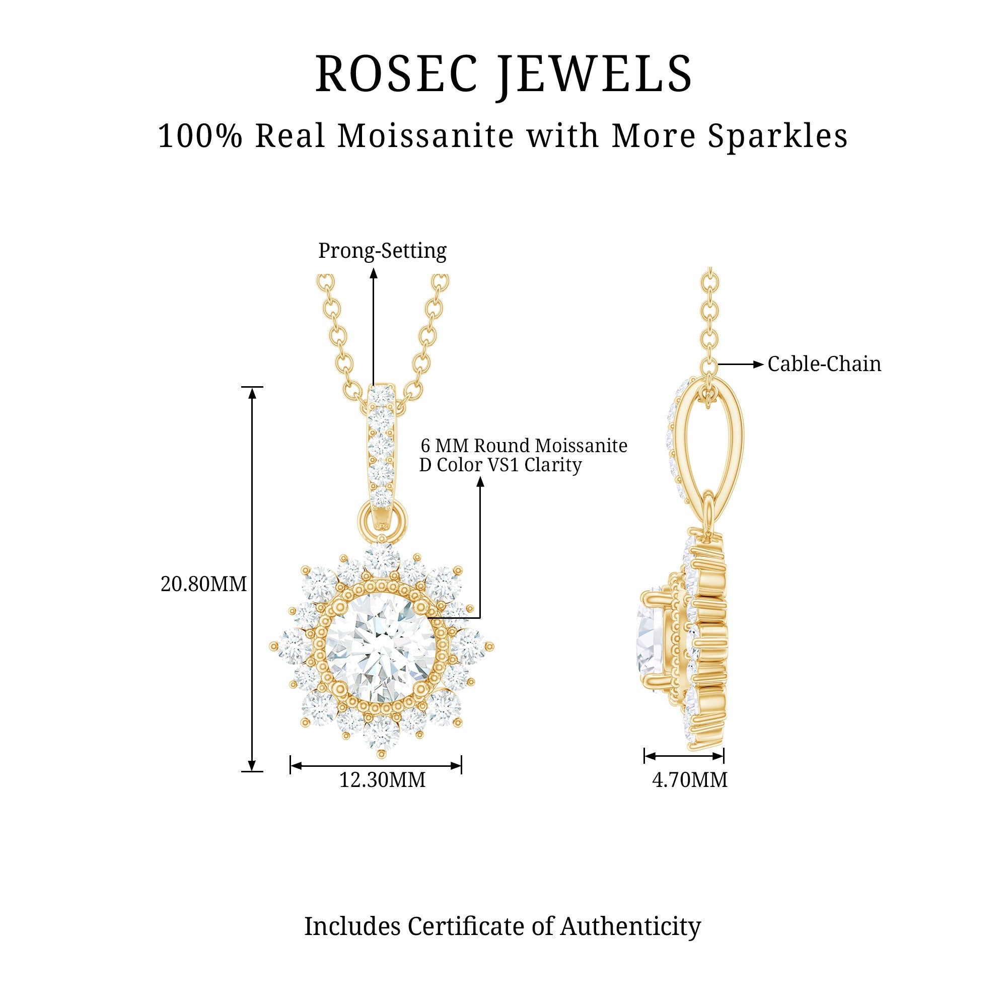 Round Moissanite Halo Necklace with Beaded Detailing