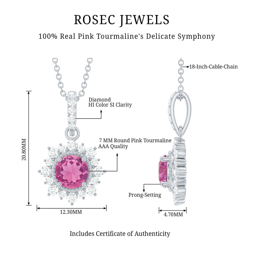 Round Pink Tourmaline Halo Beaded Pendant with Diamond