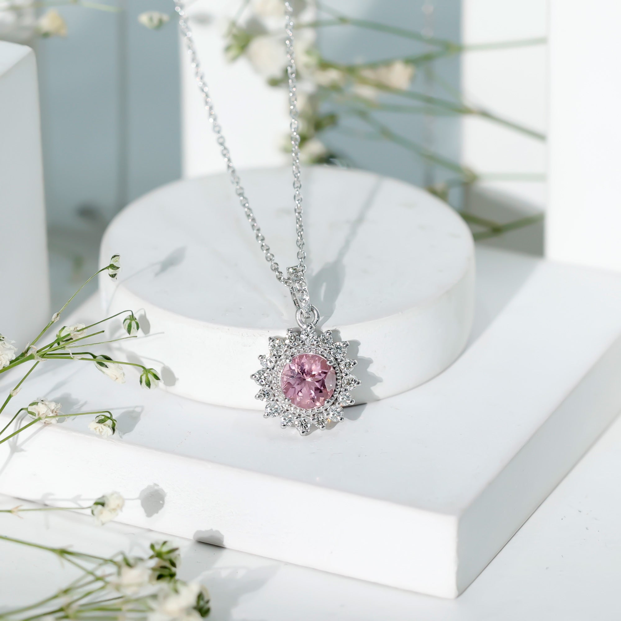 Round Pink Tourmaline Halo Beaded Pendant with Diamond