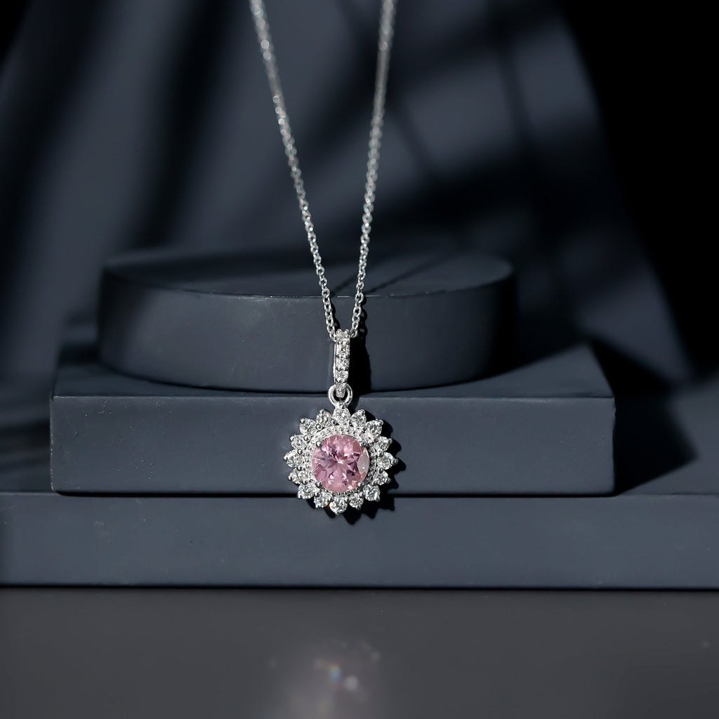 Round Pink Tourmaline Halo Beaded Pendant with Diamond
