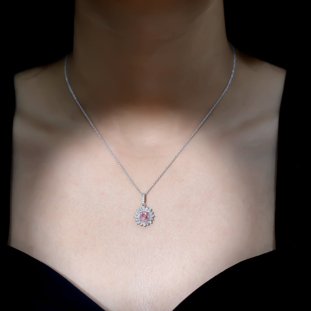 Round Pink Tourmaline Halo Beaded Pendant with Diamond