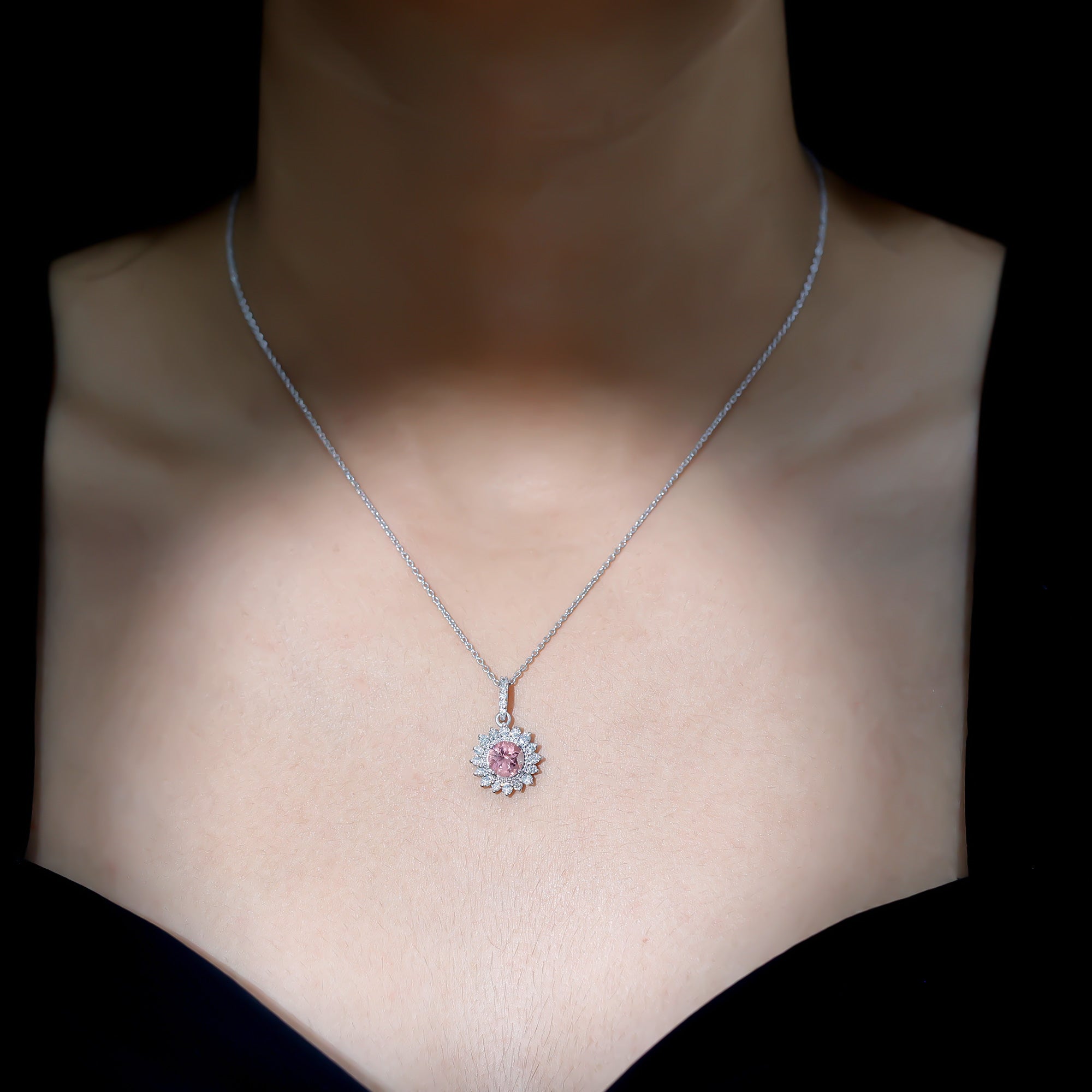 Round Pink Tourmaline Halo Beaded Pendant with Diamond