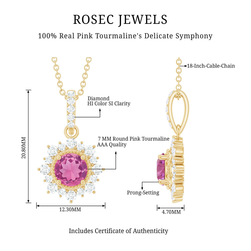 Round Pink Tourmaline Halo Beaded Pendant with Diamond