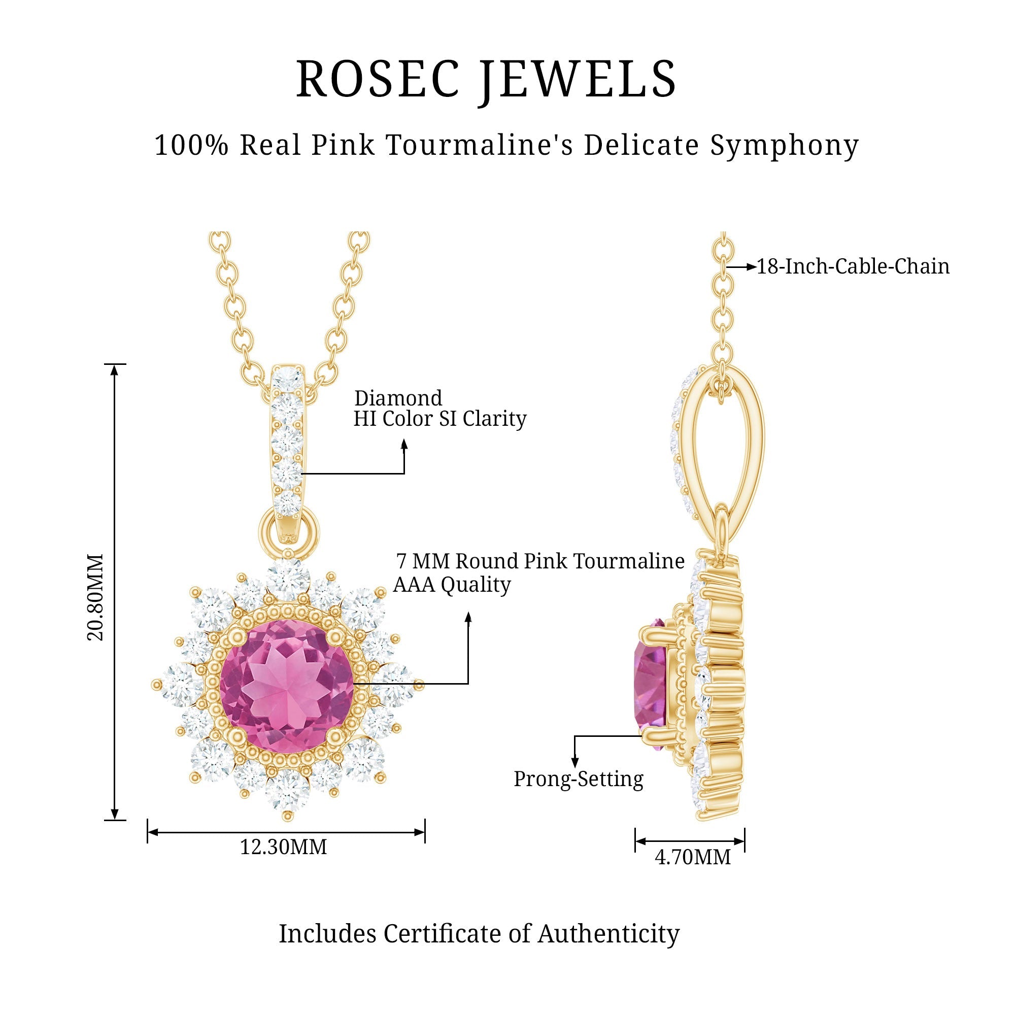 Round Pink Tourmaline Halo Beaded Pendant with Diamond