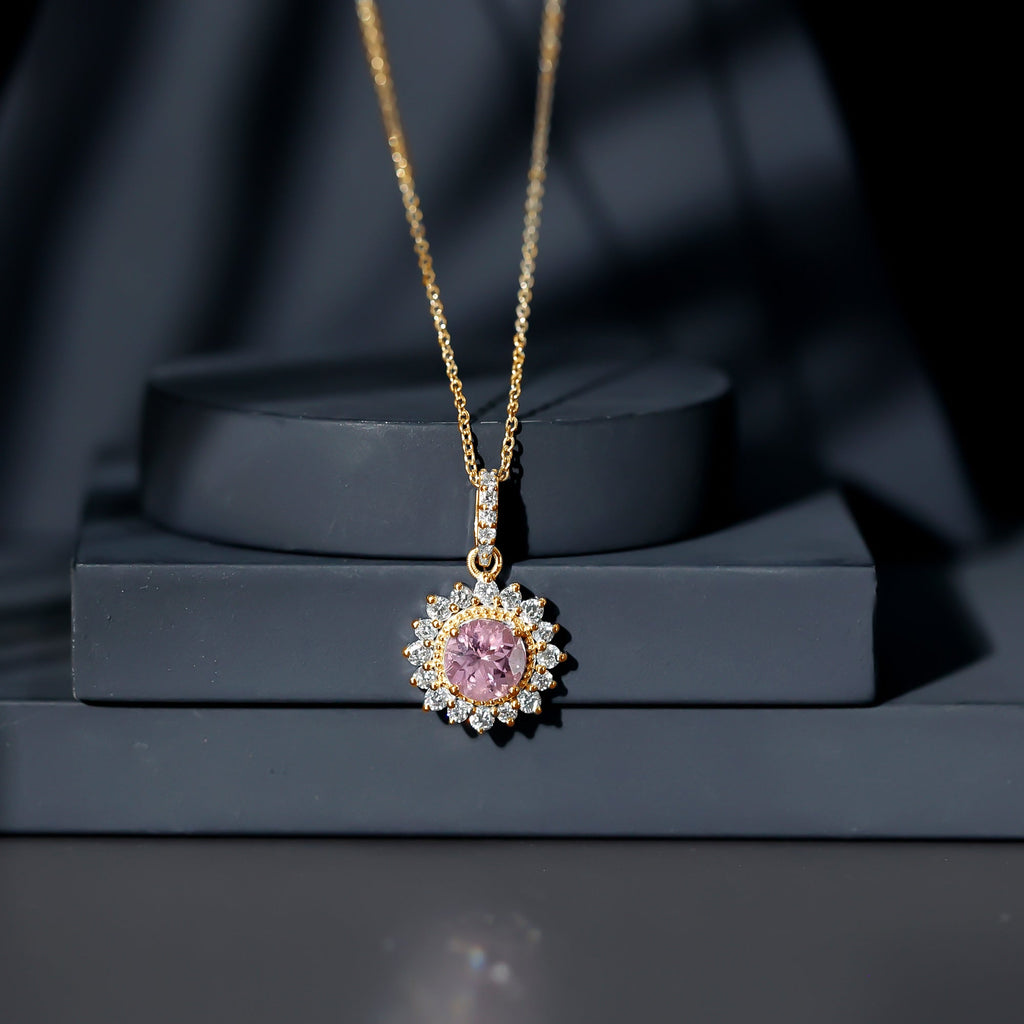 Round Pink Tourmaline Halo Beaded Pendant with Diamond