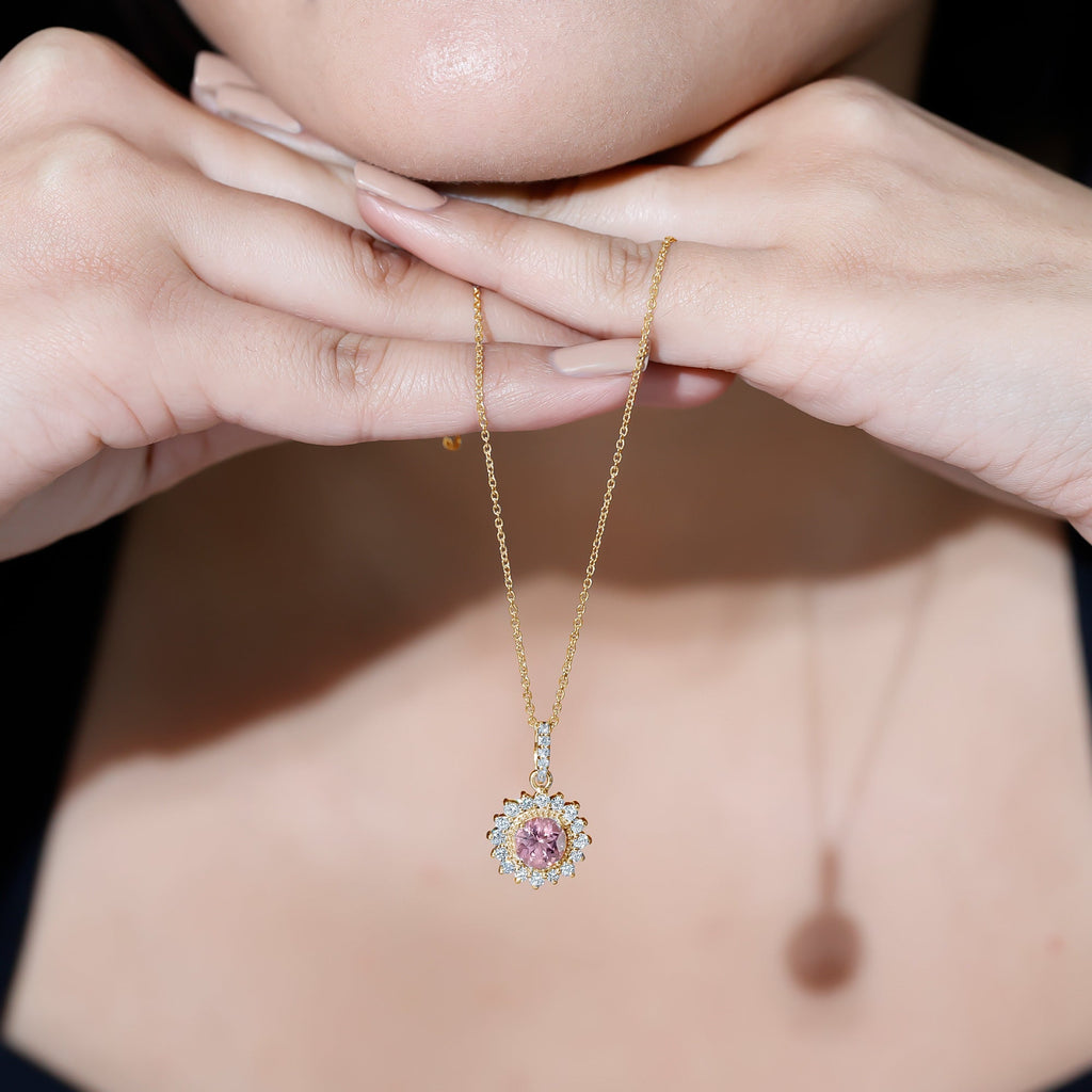 Round Pink Tourmaline Halo Beaded Pendant with Diamond