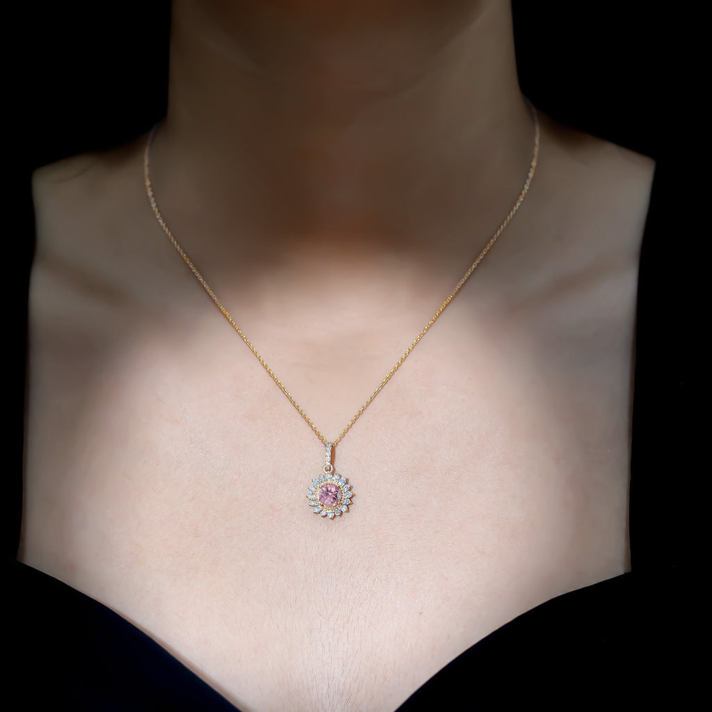 Round Pink Tourmaline Halo Beaded Pendant with Diamond