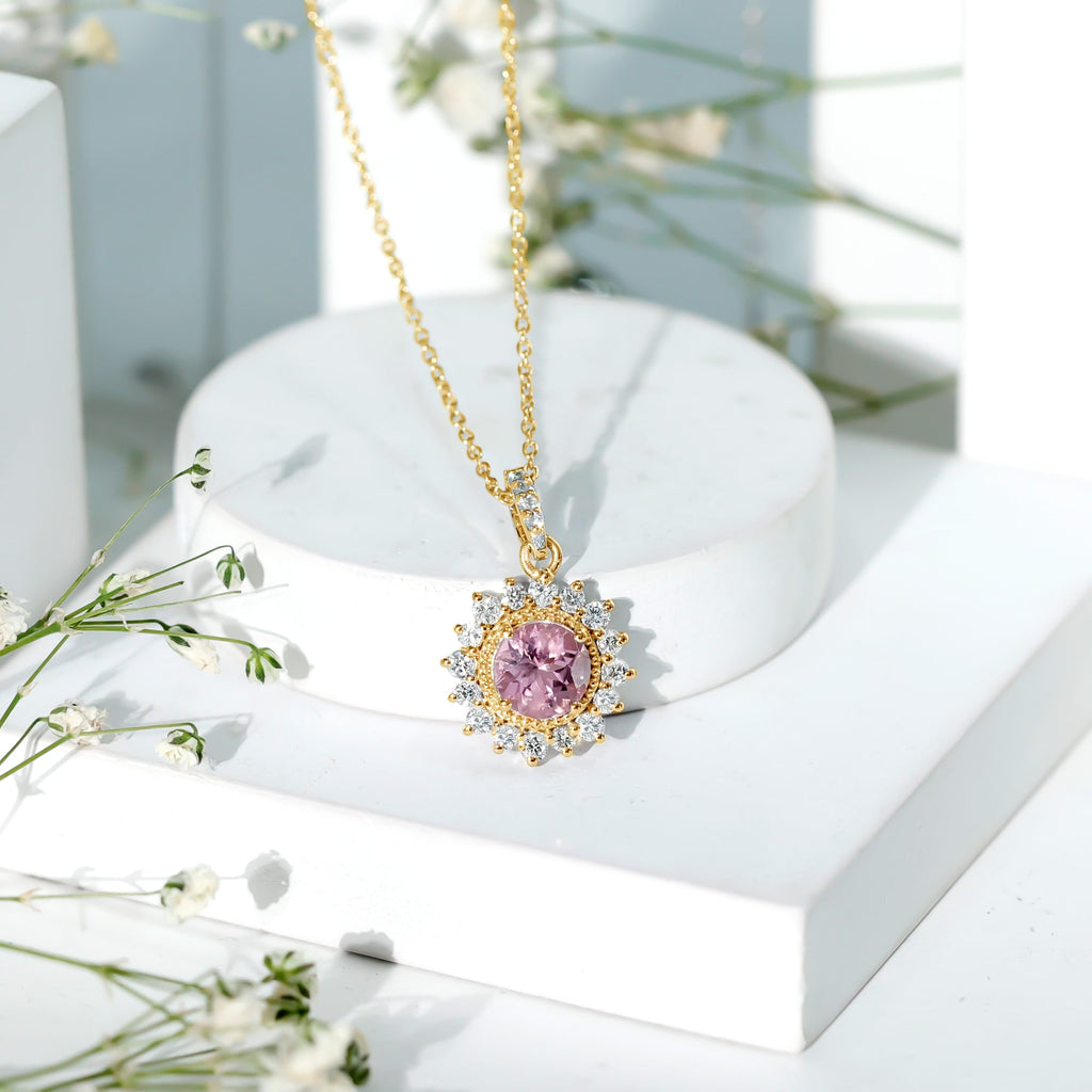 Round Pink Tourmaline Halo Beaded Pendant with Diamond