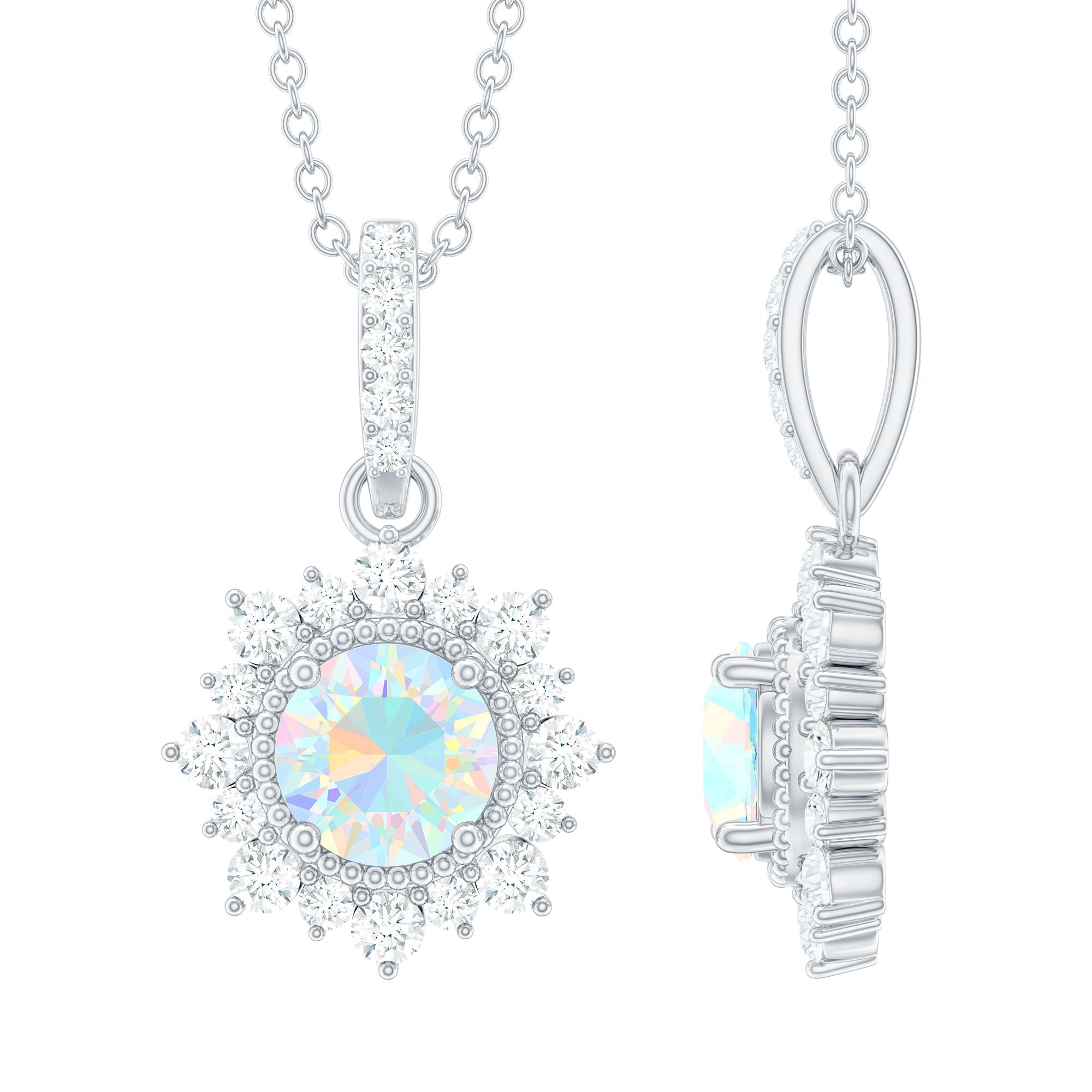 Natural 0.8 Ethiopian Opal Flower Necklace with Diamond Halo