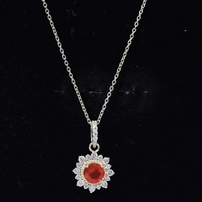 Round Fire Opal Halo Pendant with Diamond Accent Bail