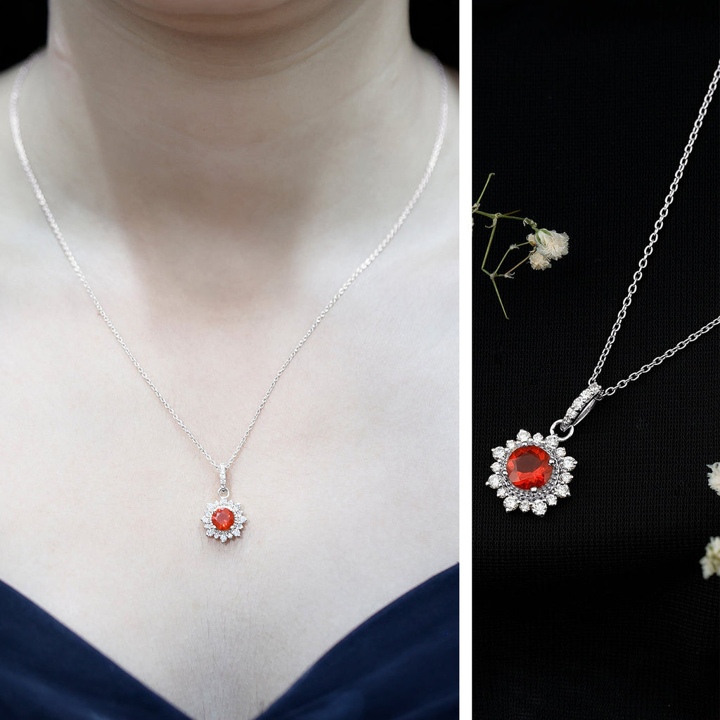 Round Fire Opal Halo Pendant with Diamond Accent Bail