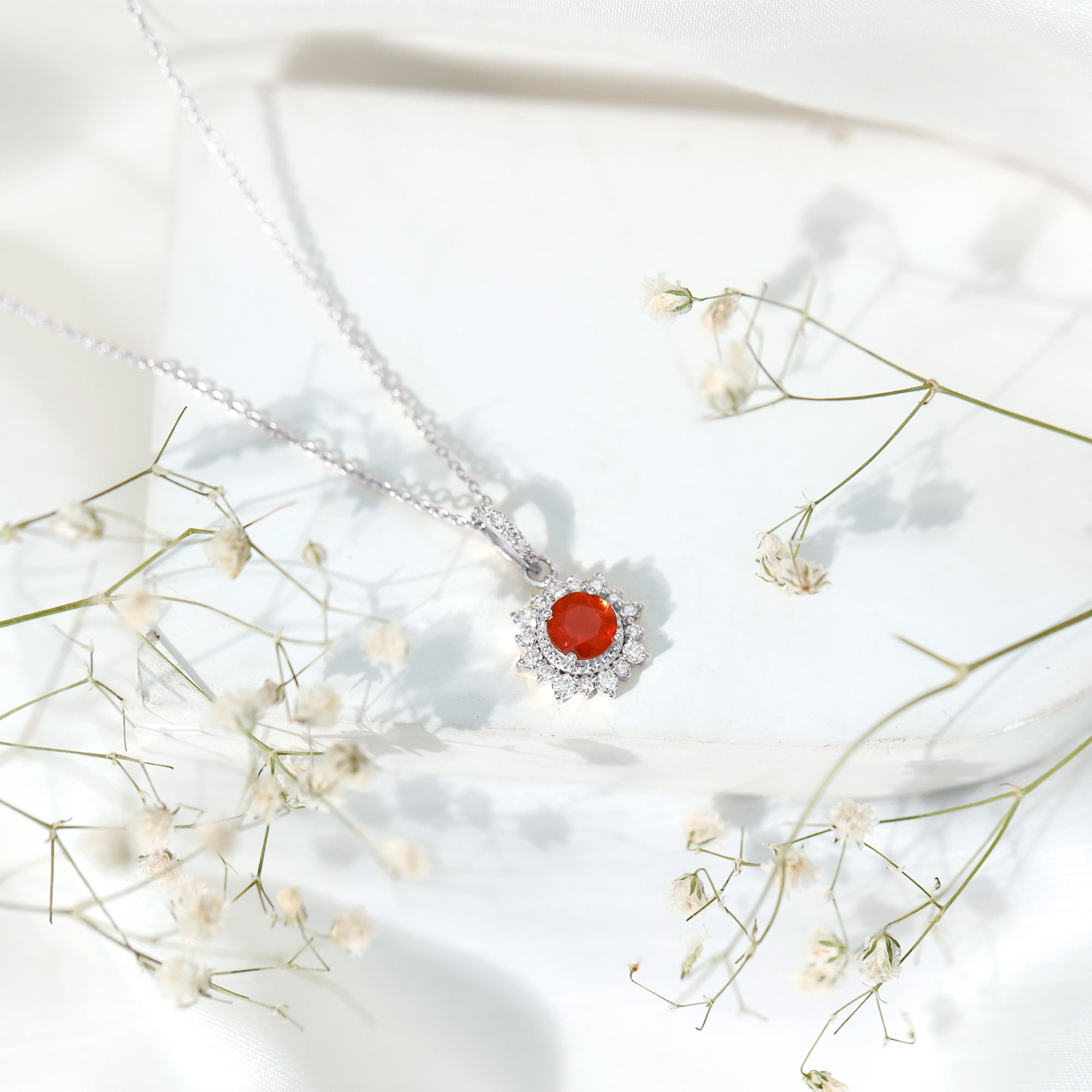 Round Fire Opal Halo Pendant with Diamond Accent Bail