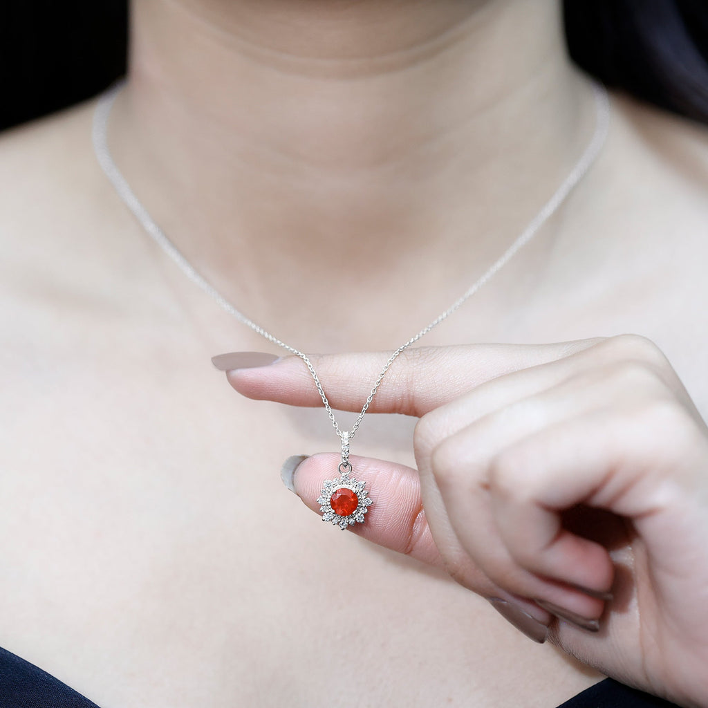 Round Fire Opal Halo Pendant with Diamond Accent Bail