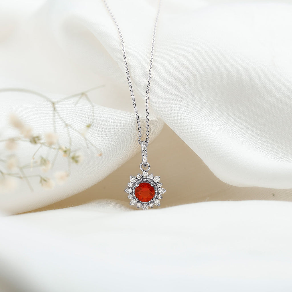 Round Fire Opal Halo Pendant with Diamond Accent Bail