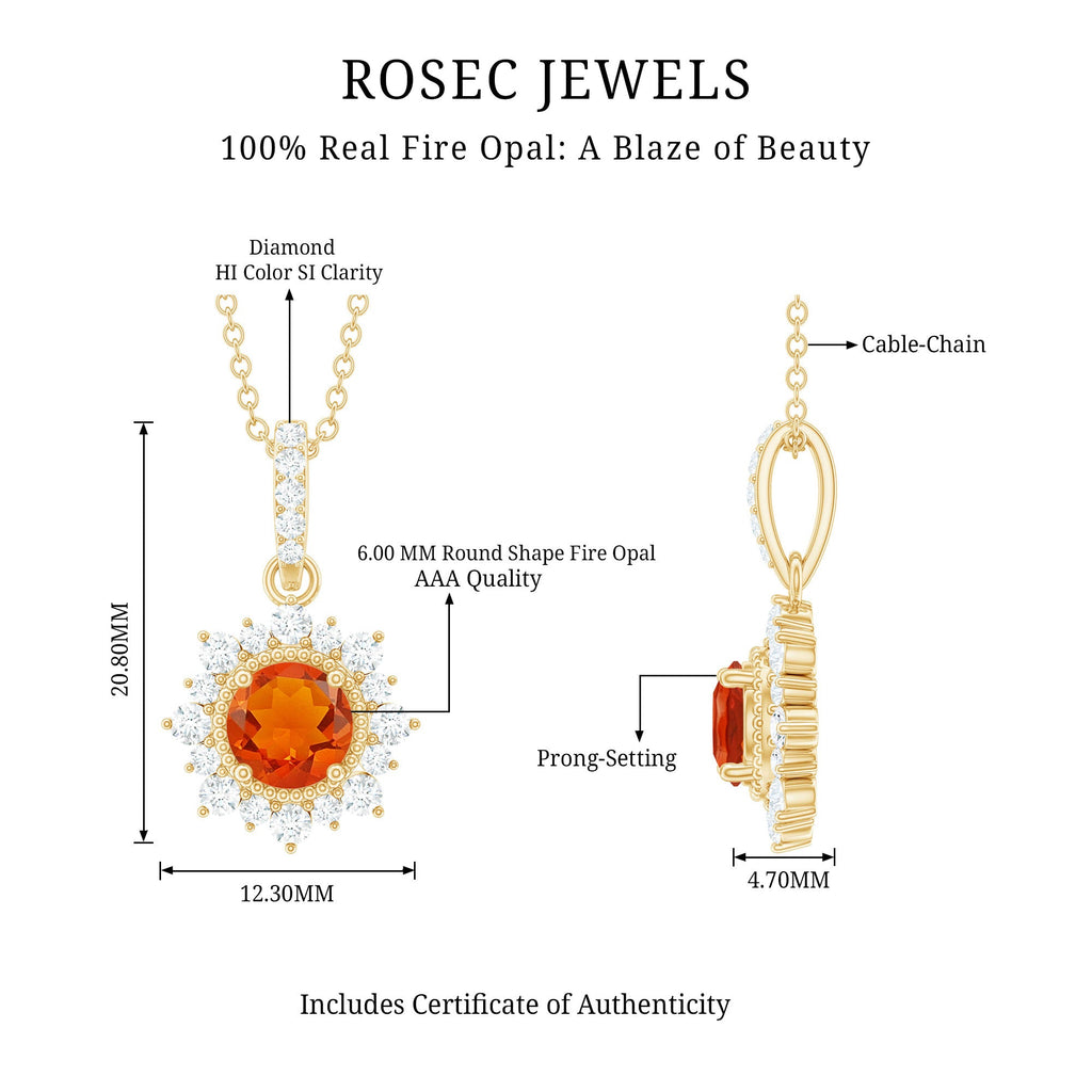 Round Fire Opal Halo Pendant with Diamond Accent Bail